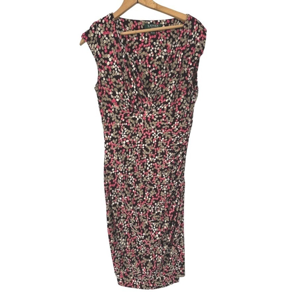 Lauren Ralph Lauren Sheath Dress Women 8 Brown Pink Dot Ruched Faux Wrap Career